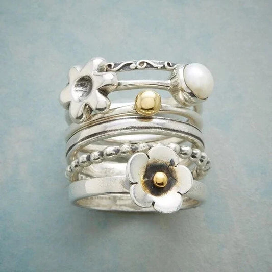 Anillo Conjunto de Flor y Perla
