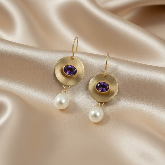 Pendientes Vintage Dorados con Circonia Morada y Perla